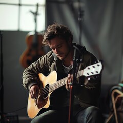 Young musician playing acoustic guitar with passion in a relaxed studio setting - obrazy, fototapety, plakaty