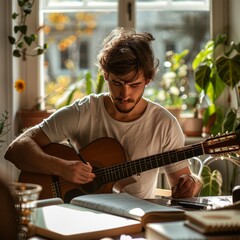 Concentrated young man writing music while playing guitar at home