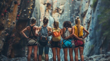 Fototapeta na wymiar Friends Gathered for a Pre-Climb Huddle in a Rock Climbing Gym Generative AI