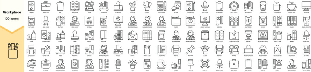 Set of workplace icons. Simple line art style icons pack. Vector illustration