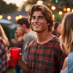 Smiling young man enjoying an outdoor party with friends in the evening