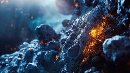 A detailed view of rocks and lava illuminated by intense bright lights, showcasing the volcanic activity