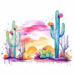 Aquarell Saguaro Wüstenlandschaft mit Riesenkaktus Illustration