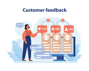Customer Feedback in Consumer Engagement set. A visual concept of a woman.