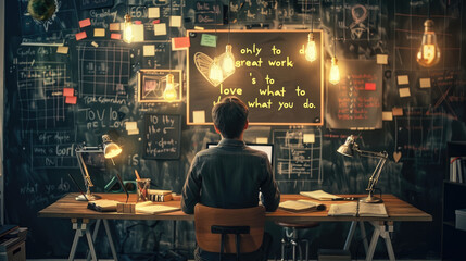 A man is seated at a desk, facing a chalkboard. He appears to be studying or teaching in a classroom setting - obrazy, fototapety, plakaty