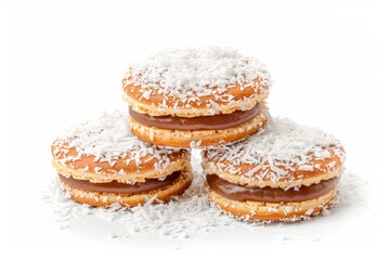 Argentine alfajores with caramel filling and coconut on white backdrop Space for text