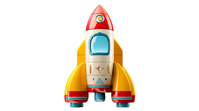 Toy rocket ship poised on white surface ready for takeoff