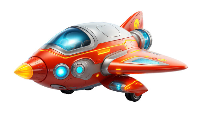 A vibrant red and silver toy airplane resting on a clean white surface