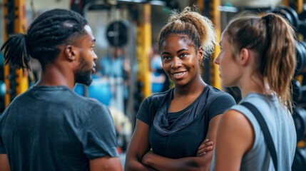 Group Discussing Fitness Goals in a Modern Gym Generative AI