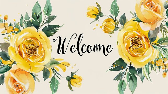 watercolor yellow rose wedding theme deco at border, with cursive hand written text "Welcome" at center