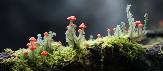 A variety of fungi sprouting from a green moss-covered tree trunk within a dense forest setting
