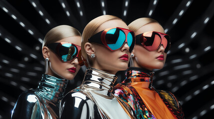 portrait of 3 futuristic cyber women with huge reflective sunglasses - 774394351