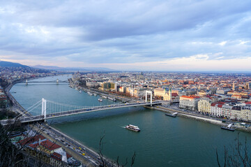 Beautiful Budapest panorama with Danube river with bridges from Gellert Hill - obrazy, fototapety, plakaty