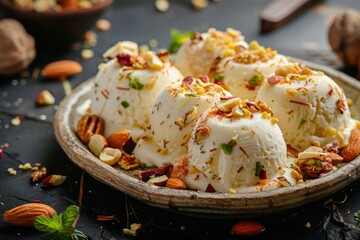 Authentic Indian dessert made with condensed milk nuts frozen on earthen plate - obrazy, fototapety, plakaty