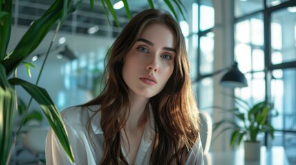A woman with long brown hair sitting in front of a plant. Generative AI.