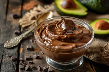 Avocado chocolate mousse in glass bowl with silver spoon on rustic tablecloth top view - Powered by Adobe
