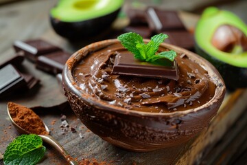Avocado chocolate mousse with chocolate and mint focused Vegan dessert - obrazy, fototapety, plakaty