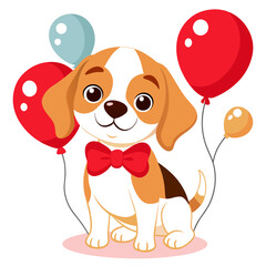beagle puppy in a smart red bow looking at balloon