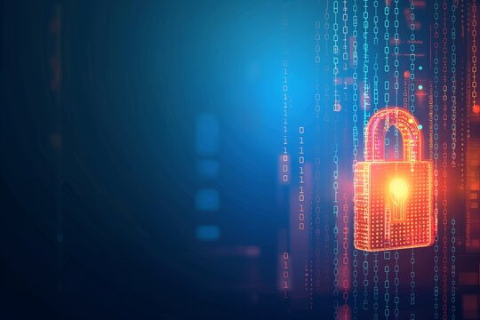 digital padlock on abstract cyber security technology blue background with binary code