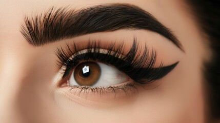 Obraz premium Female eyes with extremely long eyelashes and black liner makeup, Perfect shape make-up and long eyelash extensions, Cosmetics make-up of fashion eyes visage