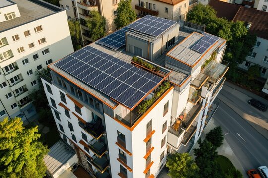 Modern eco friendly passive house with solar panels on rooftop. Home solar panel. Solar panels on roof of modern apartment building in city