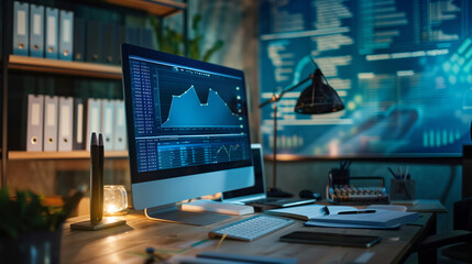 Computer screen/monitor with stock trading charts standing on a desk with typical desk staff like coffee cup and paper work. - obrazy, fototapety, plakaty