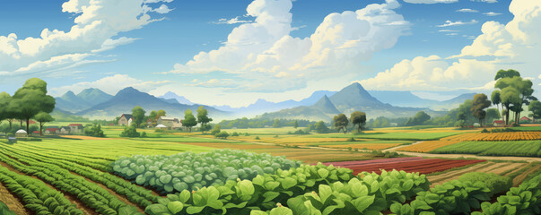 Fototapeta premium Vegetable farm field on a sunny summer day, beautiful rural panoramic landscape, vegetable agriculture background, illustration generative ai