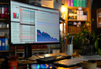 Naklejka premium Computer screen/monitor with stock trading charts standing on a desk with typical desk staff like coffee cup and paper work.