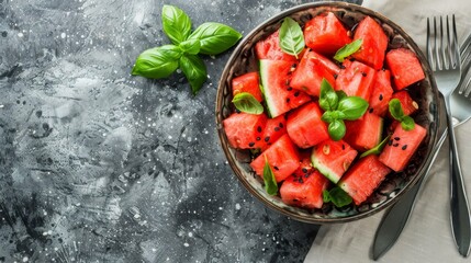 Fresh cut watermelon pieces with basil in a rustic bowl on a dark surface