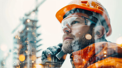 a confident civil engineer talks on the phone with clients, double exposure with a construction site