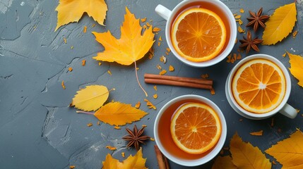Two cups of aromatic spiced tea with orange slices surrounded by autumn leaves
