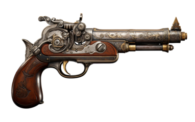 A silver and brown gun with a striking wooden handle, resting on a textured surface