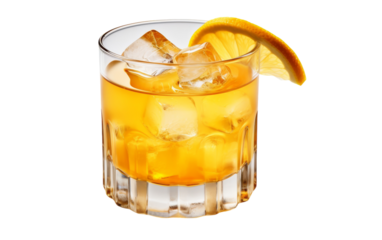 Close up of drink with ice cubes and vibrant orange slice