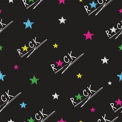 Rock seamless pattern with colored stars on gray background.Rock text pattern.Vector.
