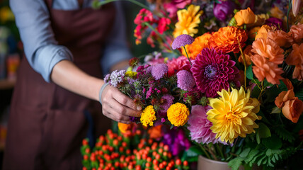 Close-up of a florist's hands arranging a vibrant assortment of flowers, including purple, yellow, and orange blooms, in a floral shop.