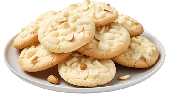 A plate of cookies topped with whole almonds, ready to be eaten