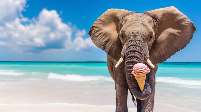 An elephant at the beach holding an ice cream cone in its trunk with a clear blue sky and ocean in the background. Copy space.