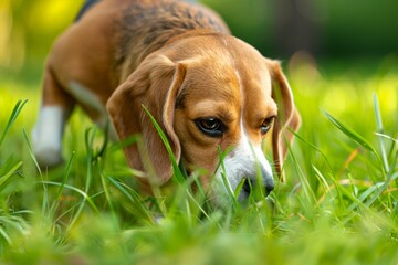 Beagle tracking on fresh grass