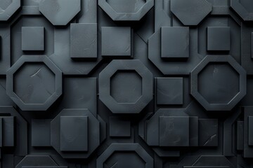 Dark abstract geometric 3D illustration with hexagonal and square shapes