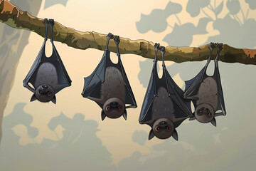 Funny bats hanging from the branch of an arabol. - obrazy, fototapety, plakaty