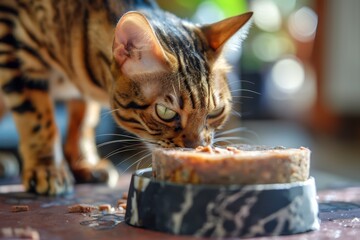 Bengal cat eats pate with focus