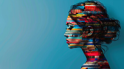 Woman's face formed by books with blue background and copy space
 - obrazy, fototapety, plakaty
