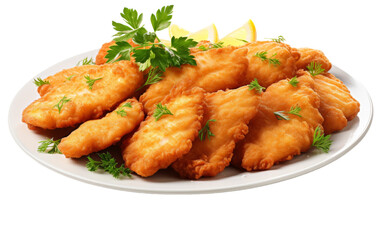 A white plate with a variety of fried foods, accompanied by vibrant lemon wedges for a burst of flavor