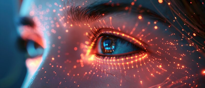 Human eye in extreme close-up with futuristic red digital patterns, symbolizing cybernetics and AI technology