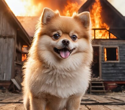 Image of dog and fire, Pomeranian, rescuer, fireman, natural disaster, animals. Generative Ai