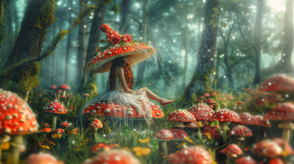 fairytale picture with a girl in a toadstool forest, she is wearing a toadstool hat