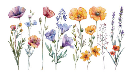 A vibrant bunch of flowers painted in watercolor, showcasing a variety of colorful blooms with delicate details
