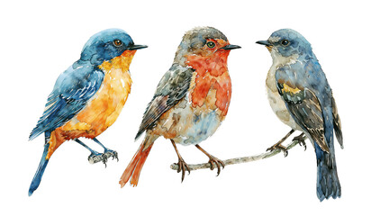Three colorful birds perched on a branch, rendered in vivid watercolors