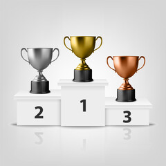 Vector Blank Golden, Silver and Bronze Champion Cup on Winner Podium Isolated on White Background. Design Template of Championship Trophy. Sport Tournament Award, Winner Cup and Victory Concept
