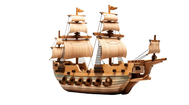 Intricately crafted wooden model of a majestic pirate ship with billowing sails, cannons, and a crows nest